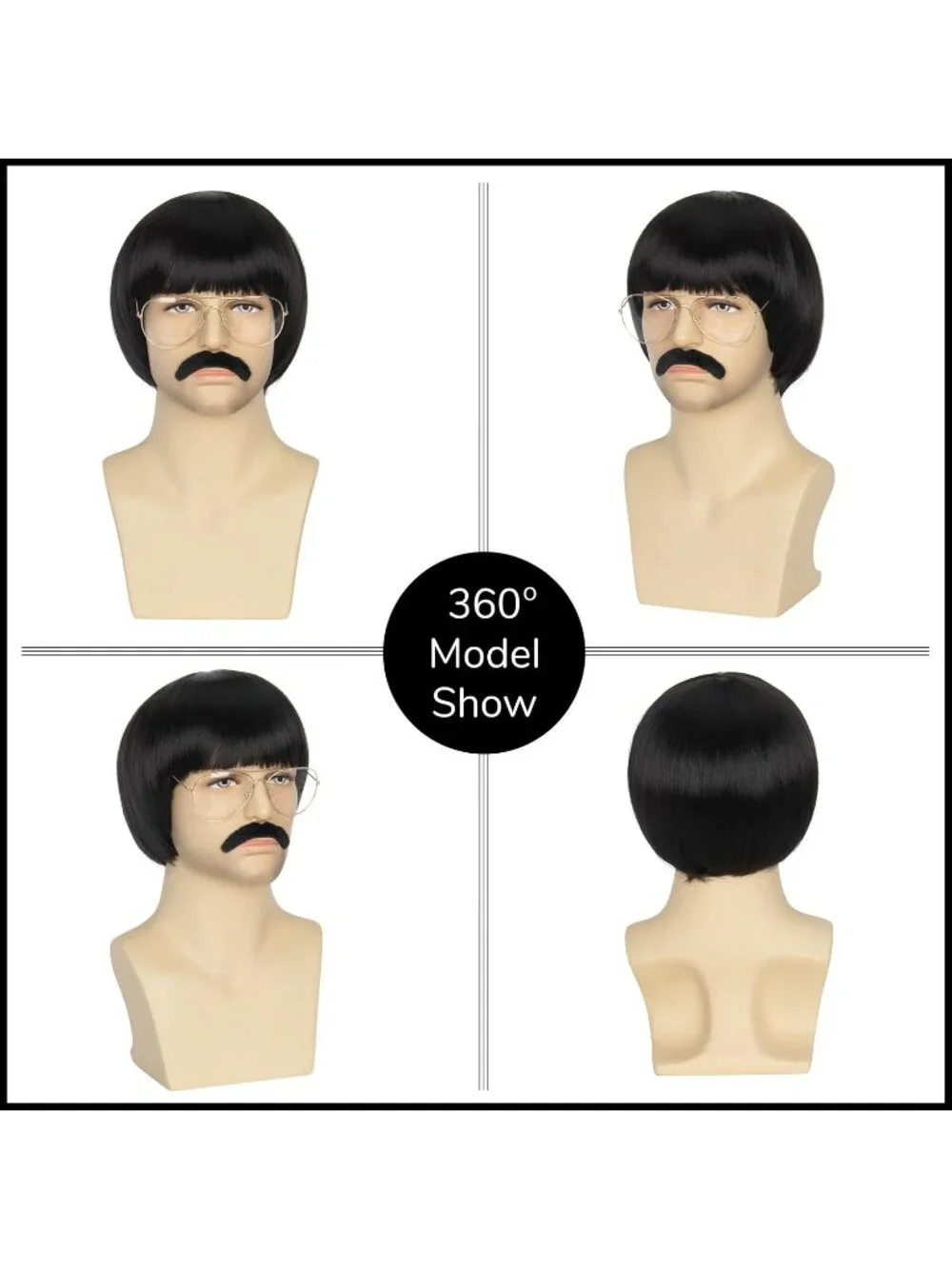 Mens Dark Retro Bowl Cut Straight Synthetic Classic Mushroom Hairpiece Bangs Wig